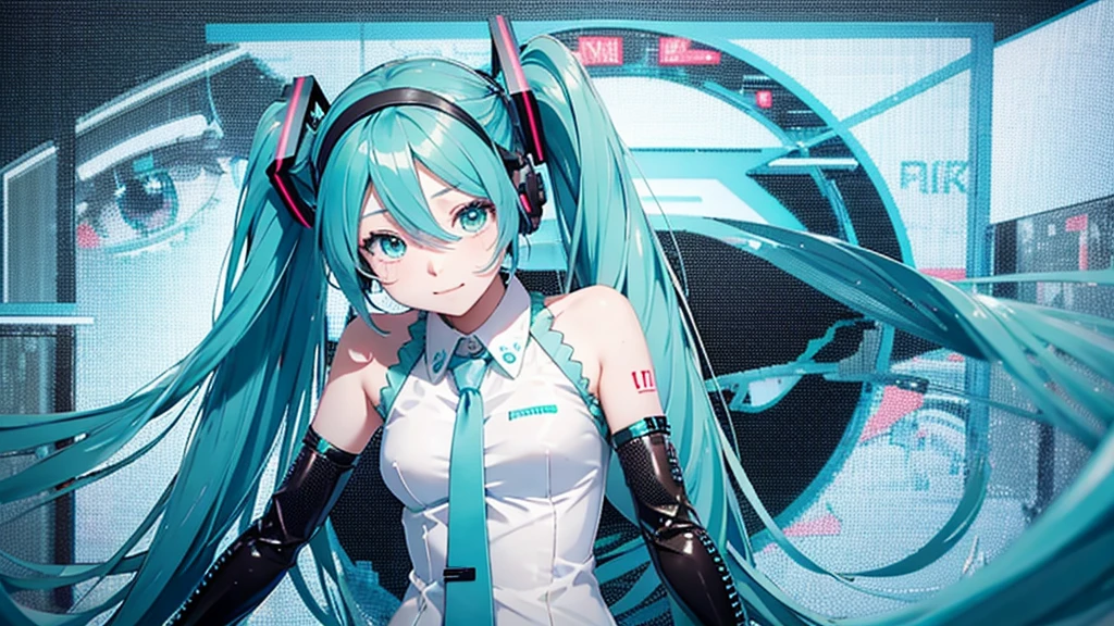 Hatsune Miku avatar hides her sadness in the virtual reality world、The image is drawn through a transparent screen with a pixelated background.。