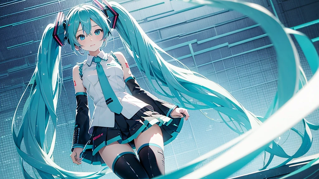 Hatsune Miku avatar hides her sadness in the virtual reality world、The image is drawn through a transparent screen with a pixelated background.。