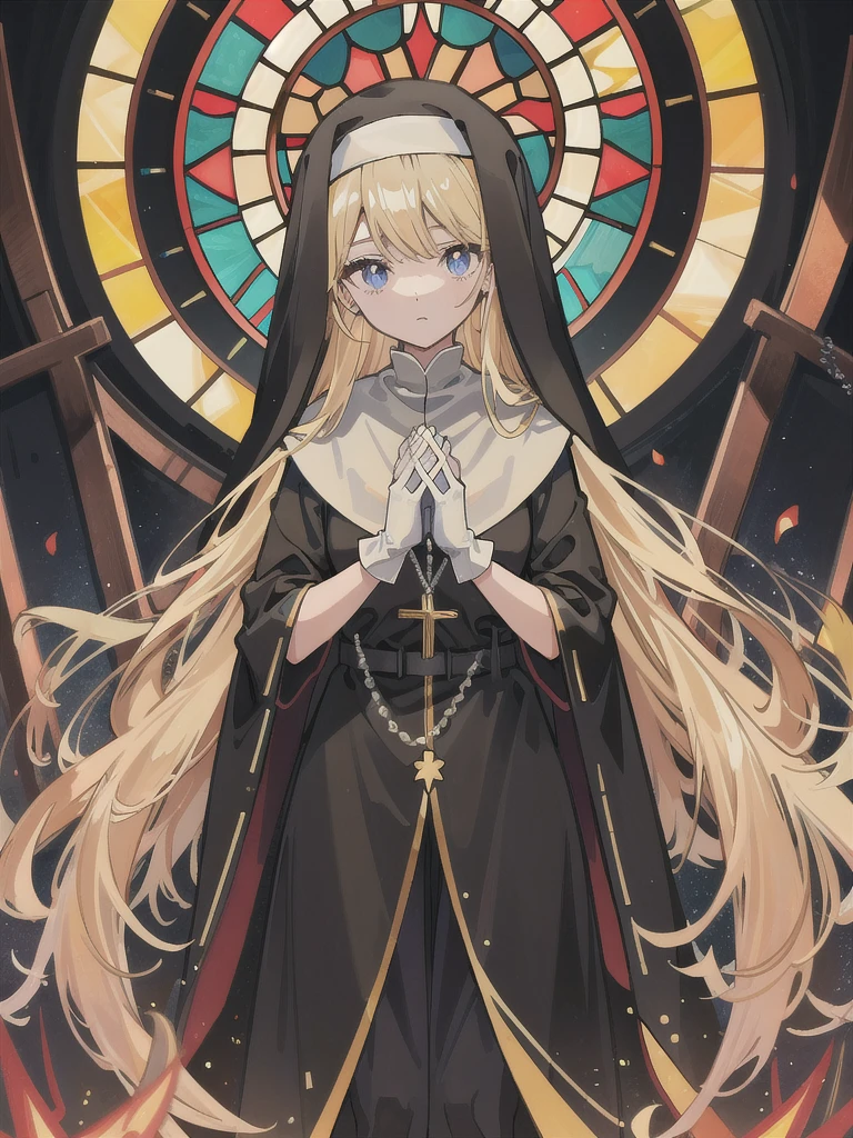 Praying with hands folded Rubber puff sleeve Golden Rosary Interior background of the church Stained glass sunset Orange Room anime Vinyl Sister Black Veil Nuns Shiny black sister outfits Blonde long hair Extra long black rubber gloves cute Pathetic clear Droopy eyes I'worry Open your mouth slightly and smile Shocking Pink Rouge Shiny black rubber riding suit Wet lips The costume is shiny with lotion Embarrassing Blushing Embarrassing Big breasts that will tear your clothes Very large breasts Extremely distended breasts Huge breast swelling Looking into the camera university student Year: 20 Illustrated style anime風 beautiful girl Cheeks pink Blonde long hair super curly hair Super long sideburns Black rubber long socks that reach down to the crotch