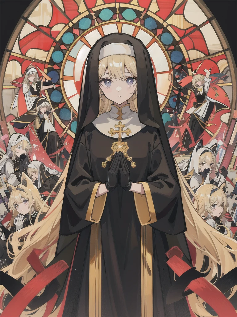 Praying with hands folded　Rubber puff sleeve　Golden Rosary　Interior background of the church　Stained glass　　sunset　Orange Room　anime　Vinyl Sister Black Veil　Nuns　Shiny black sister outfits　Blonde long hair　　Extra long black rubber gloves　cute　Pathetic　clear　Droopy eyes　I&#39;worry　Open your mouth slightly and smile　Shocking Pink Rouge　Shiny black rubber riding suit　Wet lips　The costume is shiny with lotion　Embarrassing　Blushing　Embarrassing　Big breasts that will tear your clothes　Very large breasts　Extremely distended breasts　Huge breast swelling　Looking into the camera　university student　Year: 20　Illustrated style　anime風　　beautiful girl　Cheeks pink　Blonde long hair　super curly hair　Super long sideburns　Black rubber long socks that reach down to the crotch