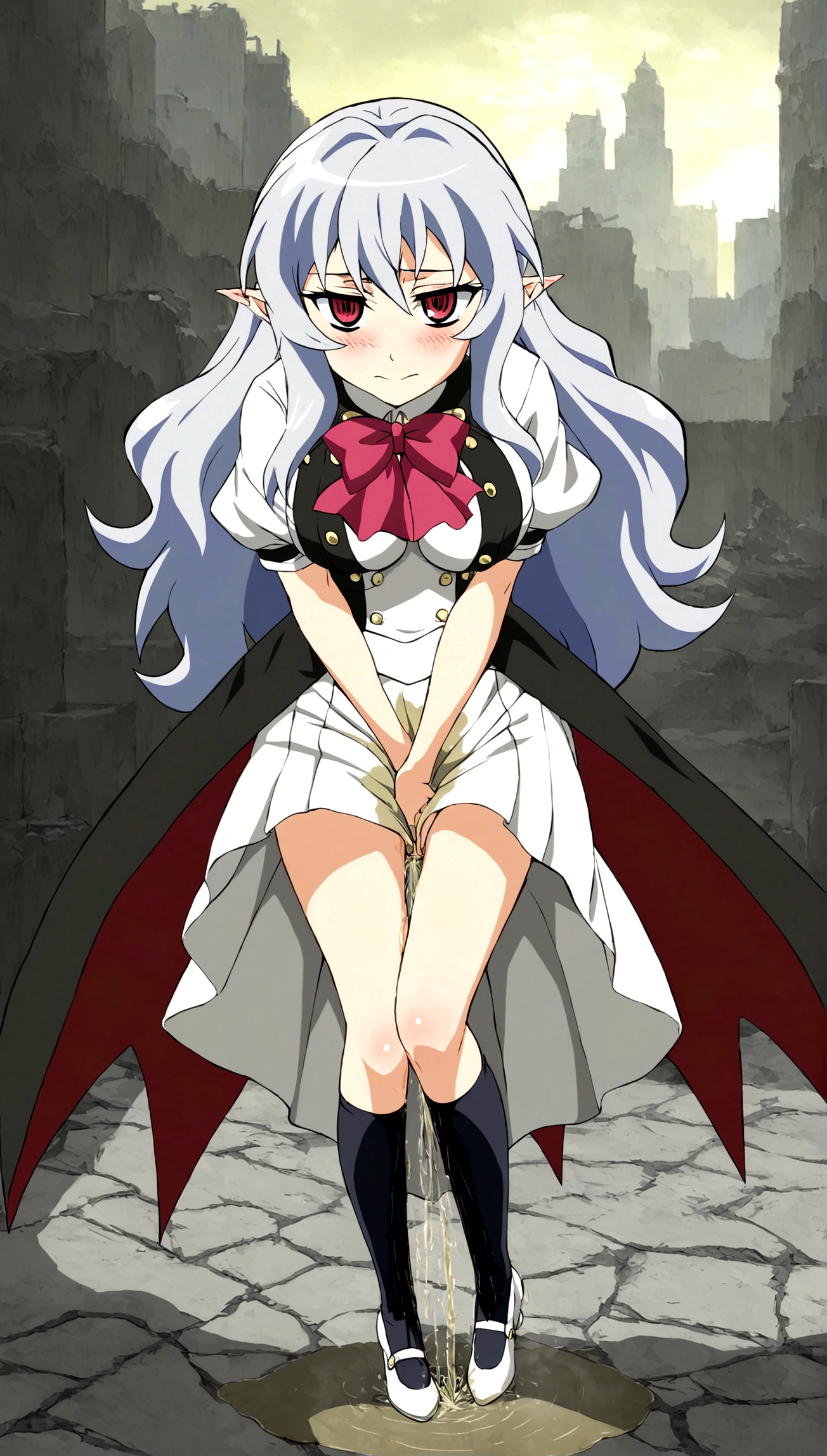 Anime. Owari no Seraph. 1 Girl. Dear . A vampire. Progenitor Clumsy. Silver hair. Wavy hair. Long hair. Red eyes. Beautiful eyes. Perfect eyes. Expressive eyes. Ideal face. Perfect body. Beautiful long ones. legs. Beautiful nose. 18 years. Big breasts. Standing. Full length Beautiful character design. Shiny skin. Pointy ears. White dress. Vampire uniform dress from
Owari no Seraph. Black stockings. Heeled shoes. Rapier in right hand. Urinary incontinence. She wants to pee. She needs to pee. She has a strong, desperate urge to pee. Hand on crotch. He squeezes his crotch tightly. Rubs the crotch. The girl can't stand straight. Knees together, feet apart. She peed herself. Urine runs down my thighs. Ruins of Tokyo. Full body. NSWF. Official art. Extremely detailed CG Unity 8k wallpaper. Ideal lighting. Ultra high resolution 4K. Super detailed 8K. A high resolution.