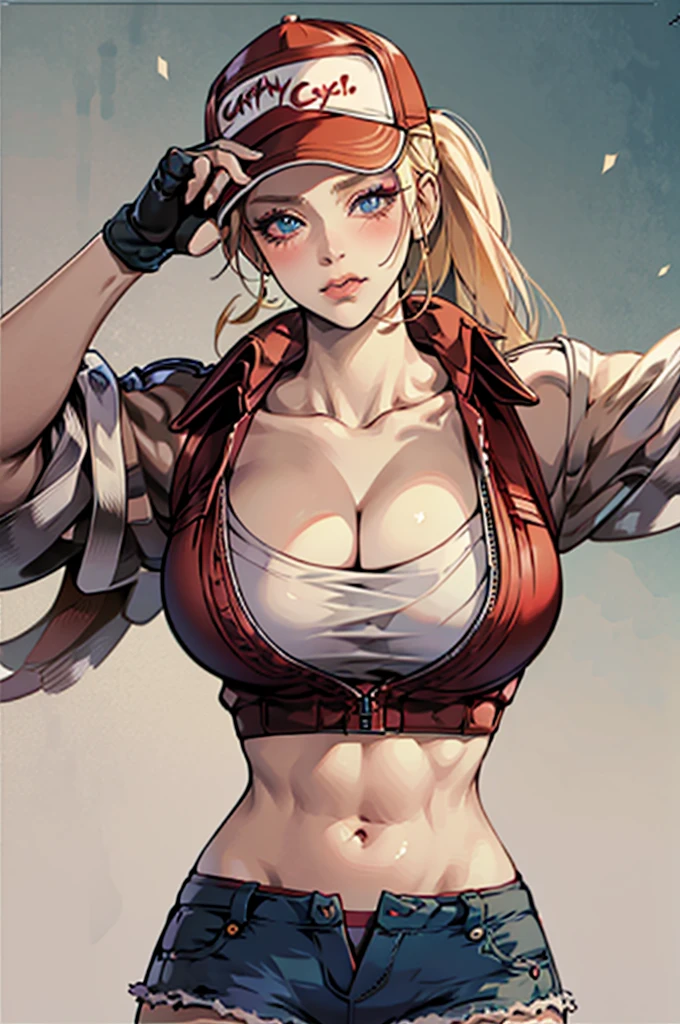photography, bokeh, highres, ultra detailed, intricate details, absurdres, masterpiece, BREAK
1girl, beautifully detailed woman, beautifully detailed mouth, extremely detailed eyes and face, beautiful detailed eyes, matte eyeshadow, eyelashes, eyeliner, ultra glossy lipstick, (pouty lips:1.3), makeup, blush, BREAK
detailed background, BREAK
terry bogard girl, blonde hair, ponytail, blue eyes, long hair, baseball cap, fingerless gloves, denim shorts, sexy pose, cowboy shot, BREAK, huge breasts