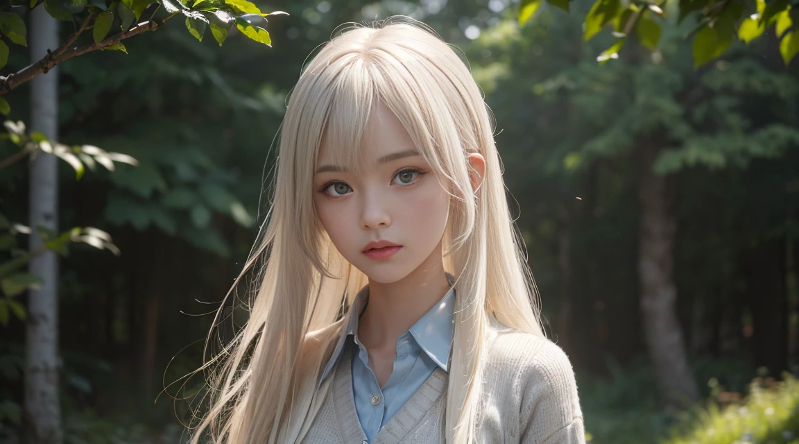 (Long Hair, bangs, Platinum Blonde Hair:1.2),(Wear a cardigan over a collared shirt:1.2),1 girl,Japanese,21 years old,(Small breasts:1.3),(Highest quality,masterpiece:1.3,超A high resolution,),(Ultra-detailed,Caustics),(Photorealistic:1.4,RAW shooting,)Ultra-Realistic Capture,Very detailed,High resolution 16K human skin close-up。 Natural skin texture、,Pores、、It needs to be detailed enough to be easily identifiable。 Skin should be even-toned and healthy looking。 Use natural light and colour, Sad expression, Looking at the camera, Perfect dynamic composition, Outdoor