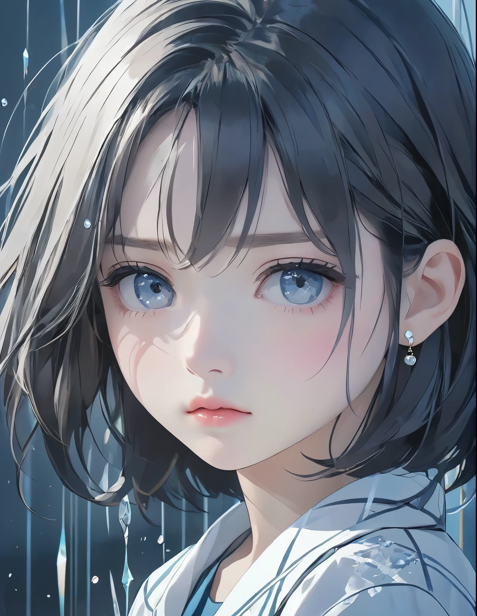 (anime style:1.4),柔らかい絵のタッチ、超High resolution, Attention to detail, high quality, High resolution, 最high quality, 4K, 8K,posters、artwork、Works by famous artists、Stylish and cool piece、Girl reflected in broken glass、Picture from the front、face、Put your right hand on your cheek、Sad expression、Semi-long hair、Cute Girls