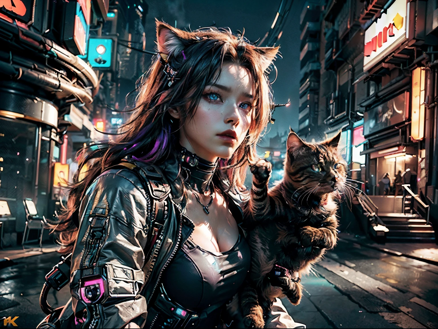 a cyberpunk arena battle between two cats with purple eyes, RGB lighting,  cinematic lighting, dramatic colors, vibrant, highly detailed, (best quality,4k,8k,highres,masterpiece:1.2),ultra-detailed,(realistic,photorealistic,photo-realistic:1.37) --ar 4:5 wide sight