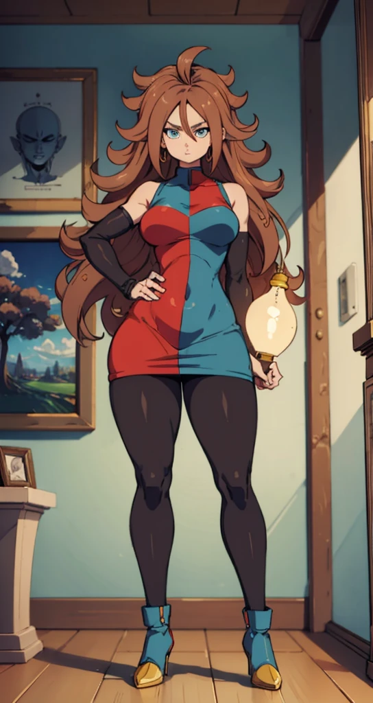 android 21, pose lateral, She is sideways to the spectator, sideways to camera, long brown hair, blue colored eyes, plaid dress, pantyhose, looking to the side, pose lateral, standing, ele está standing, serious, livingroom, light bulb, high qualiy, work of art, legs thick, big-ass, body healed,