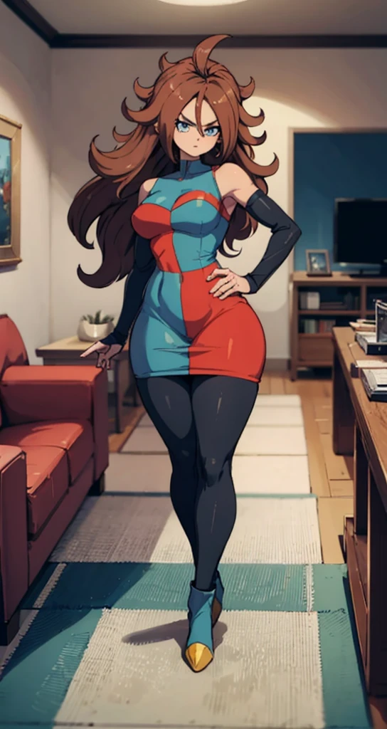 android 21, pose lateral, She is sideways to the spectator, sideways to camera, long brown hair, blue colored eyes, plaid dress, pantyhose, looking to the side, pose lateral, standing, ele está standing, serious, livingroom, light bulb, high qualiy, work of art, legs thick, big-ass, body healed,