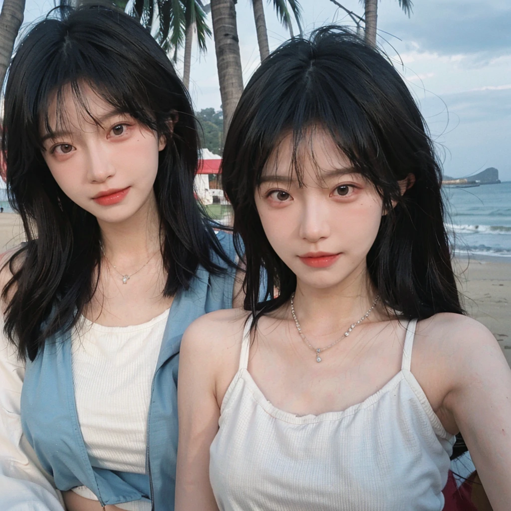 best quality，ultra high resolution，（lifelike：1.4），cute hairpins，girl，long curly hair，JK，blush，slim beauty：1.4，Visible abdominal muscles，at the beach，ultra fine face，exquisite eyes，double eyelid，necklace