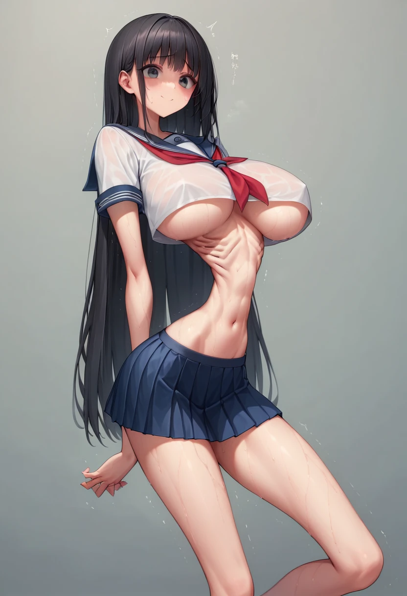 (masterpiece, best quality:1.2), front shot, beautiful thin 1girl, (super , micro waist, very long legs:1.5), Black hair, short bob hair, short height, scrawny and thin body, Light Skin, cute big eyes, cute beautiful thin face, forced smile, serafuku, mini skirt, Arched back, pigeon-toed, Embarrassing pose, Long and thin navel, (Extremely skinny:1.2), (beautiful visible ribs:1.2), wet and sweaty, Trembling