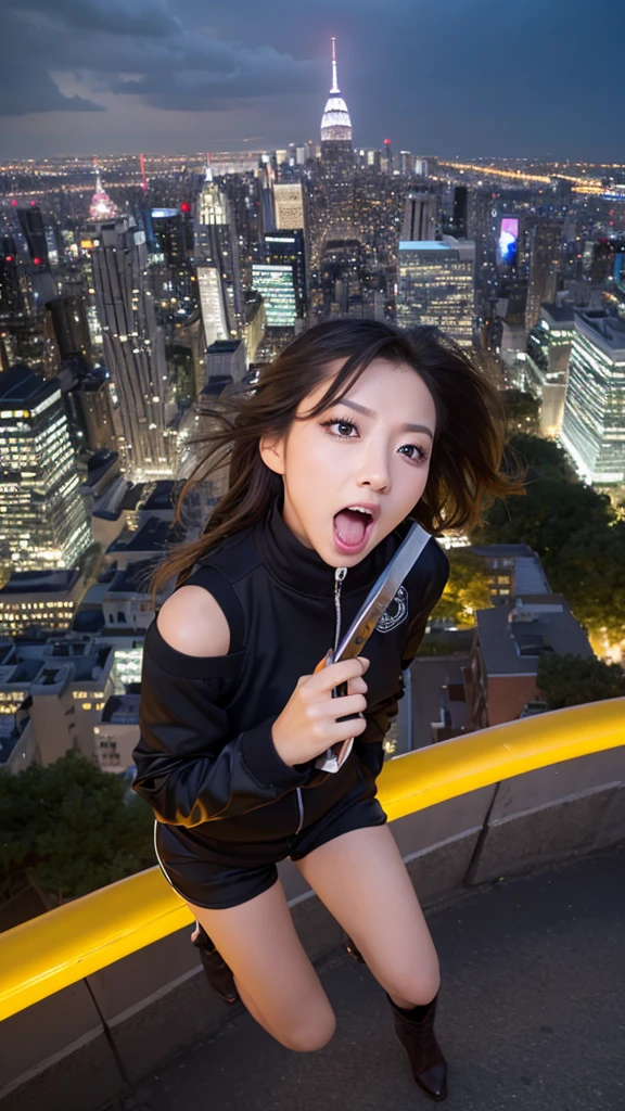 Highest Quality ,Girl jumping up and holding a Japanese sword, camera angle from directly above, looking up at the camera for a bit, with the cityscape in the background looking down at the city from above,Extreme high angle, looking at the camera, girl, slim, small face, big eyes, double eyelids, long eyelashes, eyeshadow, black eyes, small nose, lip gloss, braid, silver hair, screaming, angry face, off-the-shoulder, windbreaker, shorts, boots, cityscape, stormy