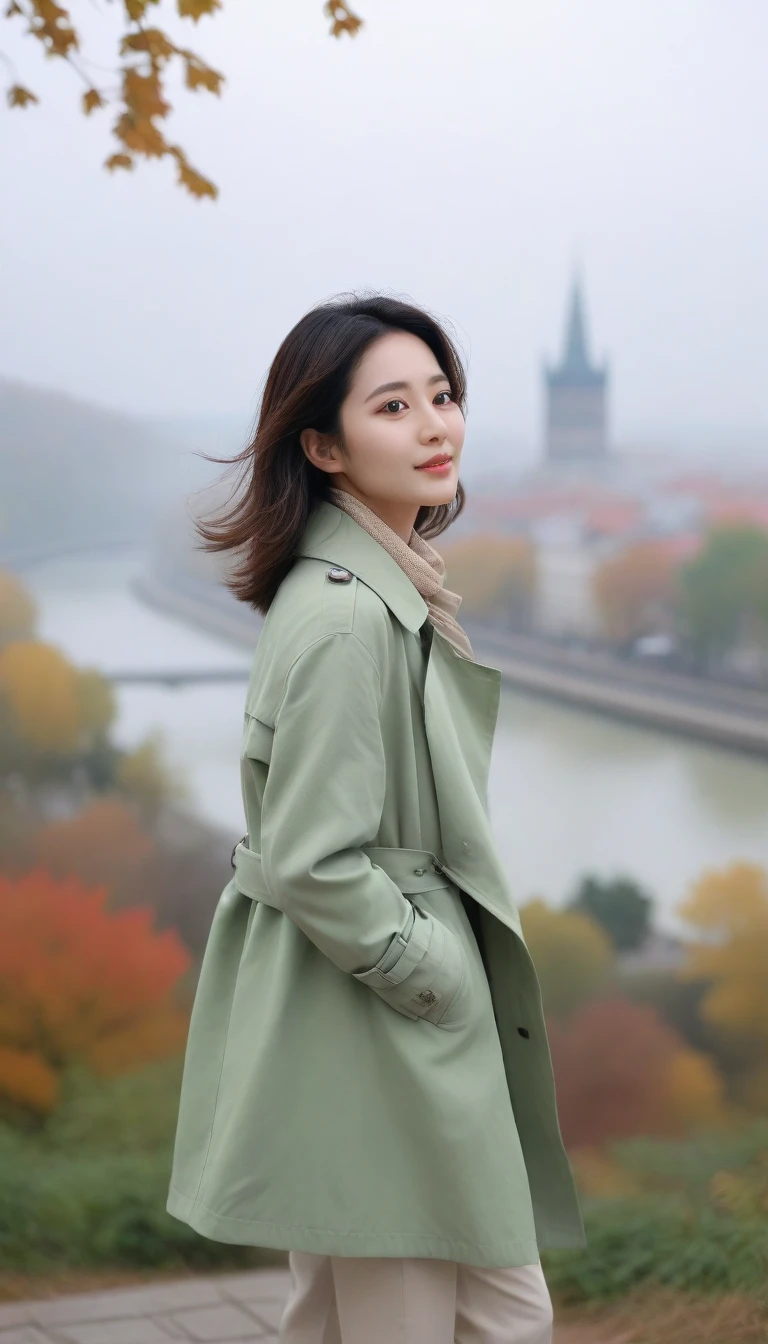 8k best picture quality, Beautiful 36-year-old Korean woman, You have good skin and big and pretty eyes...  size 34 inches, Traveling in Europe in the fall season, The cathedral can be seen in the distance in thick fog., The back background is realistic and vivid quality., Short and medium hair blowing in the wind, Wear a t-shirt that covers your neck. He wore a very light green trench coat over his neck collar.. Wearing beige casual pants, I'm smiling. Short and slim Korean woman, stand far away, Full body photo taken with Canon Mark 5 camera 16-35 wide angle lens, One woman with big and pretty eyes, eyes are round and big.standing on a hill overlooking the river