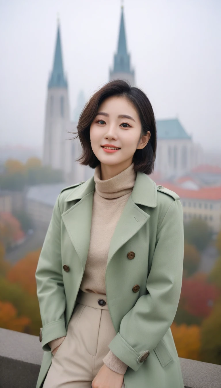 8k best picture quality, Beautiful 36-year-old Korean woman, You have good skin and big and pretty eyes... Chest size 34 inches, Traveling in Europe in the fall season, The cathedral can be seen in the distance in thick fog., The back background is realistic and vivid quality., Short and medium hair blowing in the wind, Wear a t-shirt that covers your neck. He wore a very light green trench coat over his neck collar.. Wearing beige casual pants, I'm smiling. Short and slim Korean woman, stand far away, Full body photo taken with Canon Mark 5 camera 16-35 wide angle lens, One woman with big and pretty eyes, eyes are round and big.standing on a hill overlooking the river