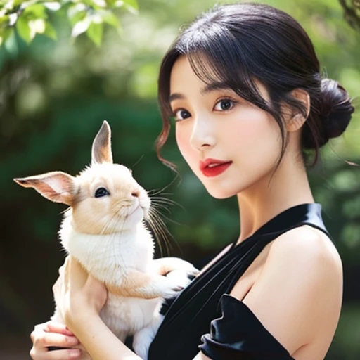 Japanese women、Black hair chignon、Delicate face、Glowing Skin、Beauty、Black dress、See-through、Glamorous makeup、Red glossy lip、Holding a rabbit、Sunny outdoors