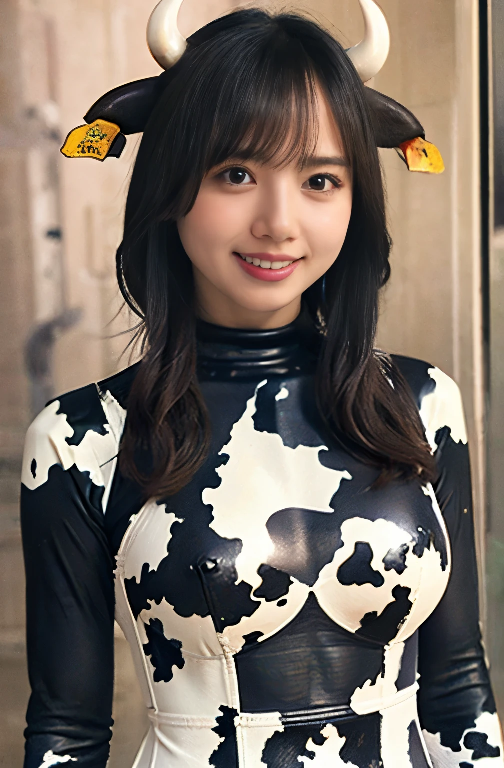 (high resolution,masterpiece,best quality,extremely detailed CG, anime, official art:1.4), realistic, photo, amazing fine details, all intricate, gloss and shiny,awesome many layers, 8k wall paper, 3d, sketch, kawaii, illustration,( solo:1.4), perfect female proportion,villainess, (fusion of cow and lady:1.4), (cow form lady:1.2), (cow lady:1.2), (fusion:1.2), (solo:1.4), (evil smile:1.2), muscular, abs, (cow print full body suit:1.4), (cow exoskeleton armor:1.2), (cow tail:1.4), (cow horns:1.3),