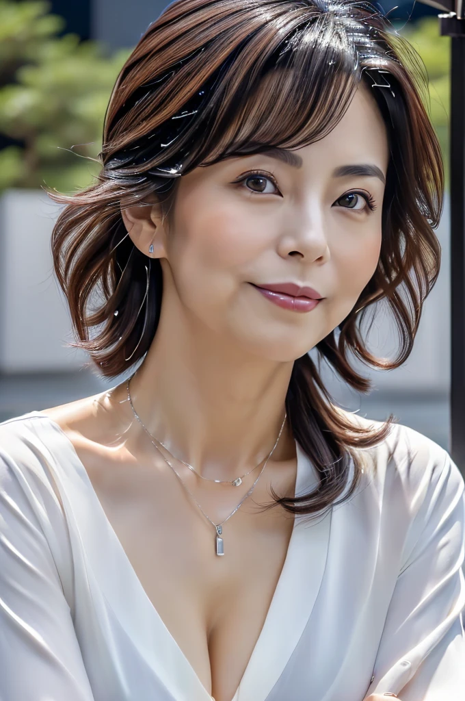 cinematic, Blue hour, (((Ultimate ultra Photorealistic, ultimate high-quality 32k photo))),(((An American shot photo, crossed arms, a40yo ultimate beautiful &cute Japanese actress, looking at viewer:1.5))),(((She has a very intelligent and ultimate beautiful Japanese face&black eyes, pointy nose, ultra detailed face, oval face, blushing cheeks, ultimate well-proportioned face, seductive smile))),((black elegant wet short bob, very light naturally makeup)),(((She has the ultimately perfect nice&Sensual proportions, very just fitted v-neck half sleeve white elegant business buttonless Open-collar blouses , white beautiful ultimate realistic glossy wet Japanese lady Fair and beautiful sweaty skin , A simple and modest silver necklace,Stormy Summer very Humid and Hot very dark Night ,Tokyo business night street)))