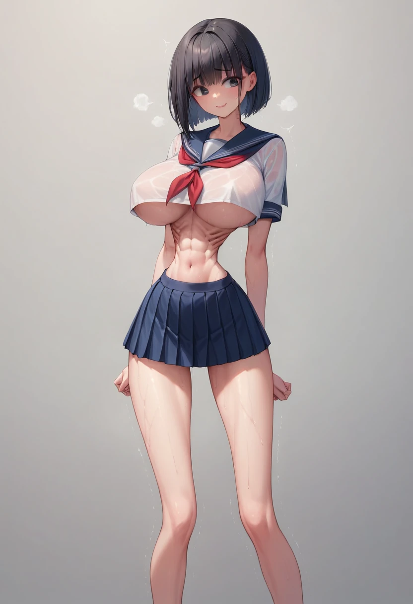 (masterpiece, best quality:1.2), front shot, beautiful thin 1girl, (super big breasts, micro waist, very long legs:1.5), (Extremely skinny:1.2), Black hair, short bob hair, short height, scrawny and thin body, Light Skin, cute big eyes, cute beautiful thin face, forced smile, serafuku, mini skirt, Arched back, pigeon-toed, Embarrassing pose, Long and thin navel, (beautiful visible ribs:1.2), wet and sweaty, Trembling