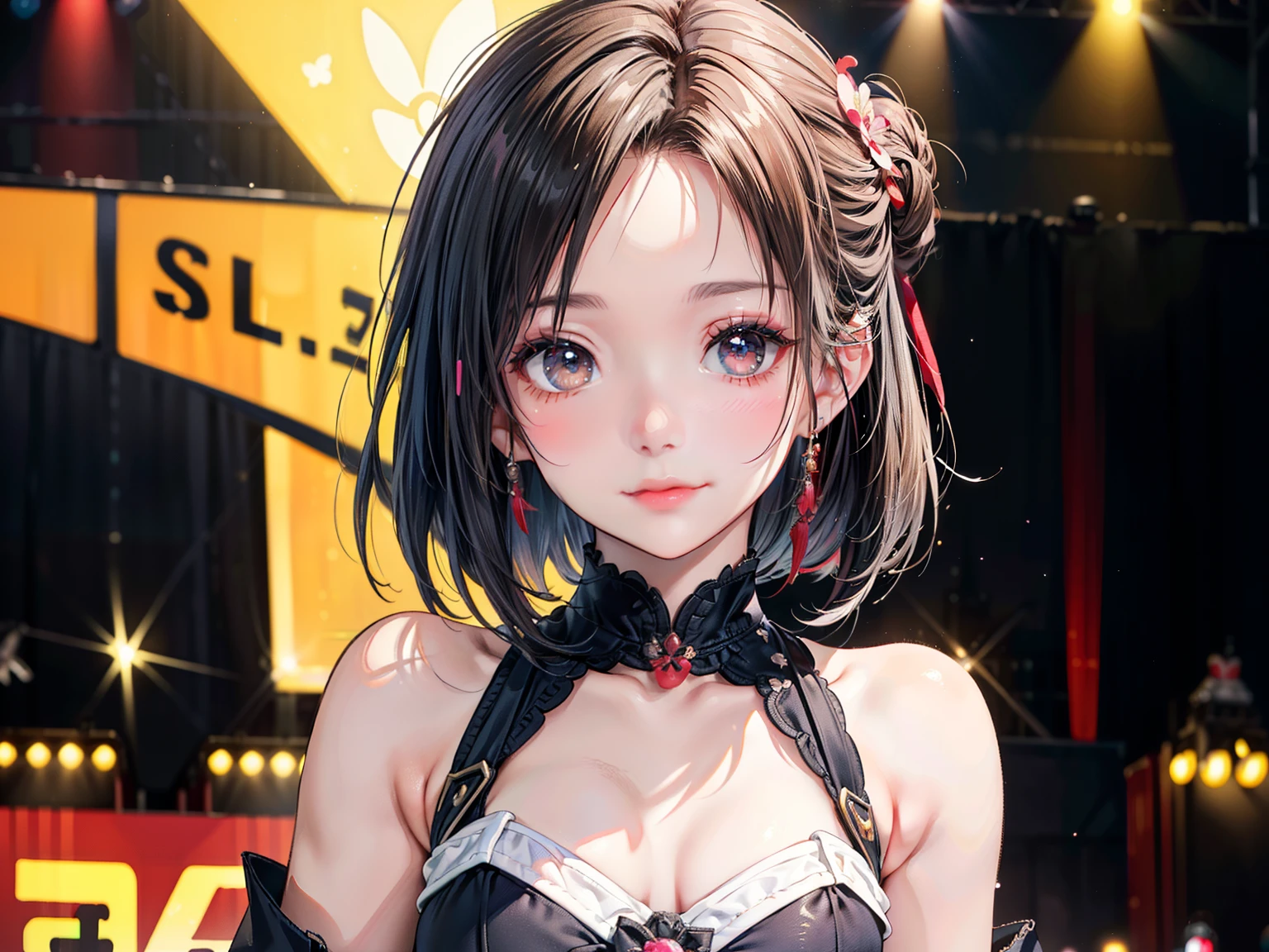 ((Best of the highest quality, 8k, Masterpiece, raw photo: 1.1)), (Sharp focus: 1.1), (1 AESPA, slim body type female, 22 y/o: 1.1), solo, Portrait Waist Up, (realistic, photo-realistic:1.37), face focus, cute face, finely eyes, (forehead, short hair, updo: 1.28), (sharp chin, droopy eyes: 1.32), (Emphasize prominent aegyo-sal with bright: 1.28), shimmering eyeshadow applied under the lower lash line, paired with thick, (small breasts, flat chest: 1.2), alternative outfit, walking on stage, microphone, flower,