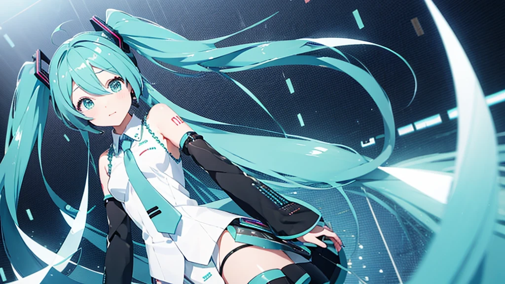 Hatsune Miku avatar hides her sadness in the virtual reality world、The image is drawn through a transparent screen with a pixelated background.。