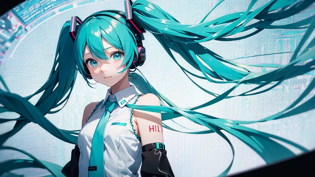 Hatsune Miku avatar hides her sadness in the virtual reality world、The image is drawn through a transparent screen with a pixelated background.。