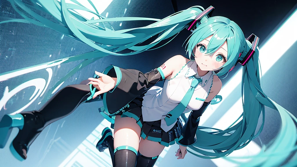 Hatsune Miku avatar hides her sadness in the virtual reality world、The image is drawn through a transparent screen with a pixelated background.。