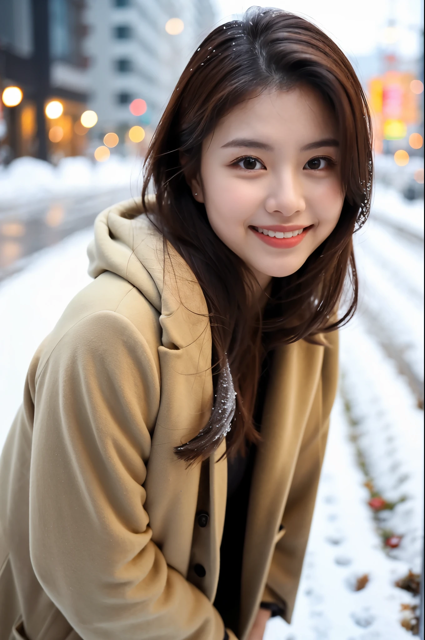 ulzzang-6500-v1.1, (RAW Photos:1.2), (Photorealistic), Beautiful detailed girl, (Genuine: 1.4), Very detailed目と顔, Beautiful and fine details, ((walk on a snow-covered road:1.3)), ((elegant long coat:1.3))、Selfie、Instagram、 Huge file sizes, High resolution, Very detailed, Highest quality, [masterpiece:1.6], Awareness-raising, Very detailed, Hmph, In detail, Highest quality, 8k wallpaper, Cinema Lighting, One Girl, 17 years old, Perfect figure, Cute droopy eyes、Beautiful big eyes、 ((masterpiece)), Highest quality, One Girl, eye shadow,  Portraiture, ((Full Body Shot:1.14))、(A very loving smile:1.2)、Realistic skin texture、Glowing Skin、Exposed thighs!!!