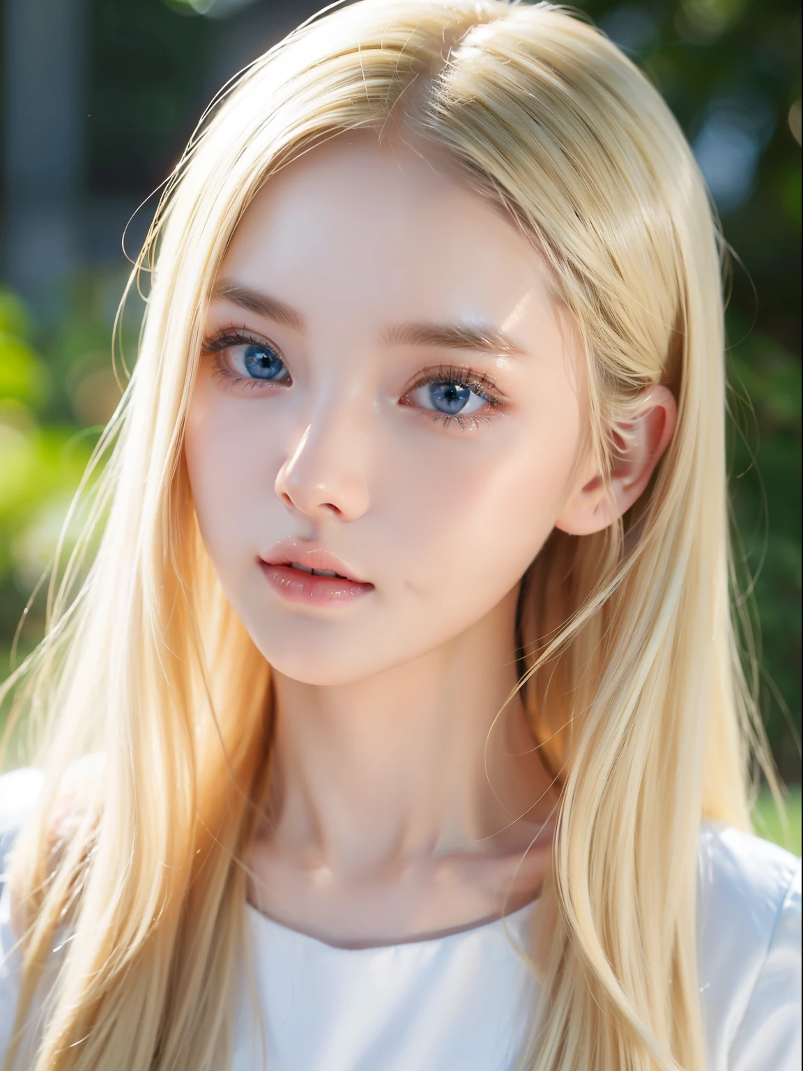 Beautiful girl with very long blonde hair and marine blue eyes、White and beautiful skin、shiny skin、gloss face、teak gloss、small face beauty