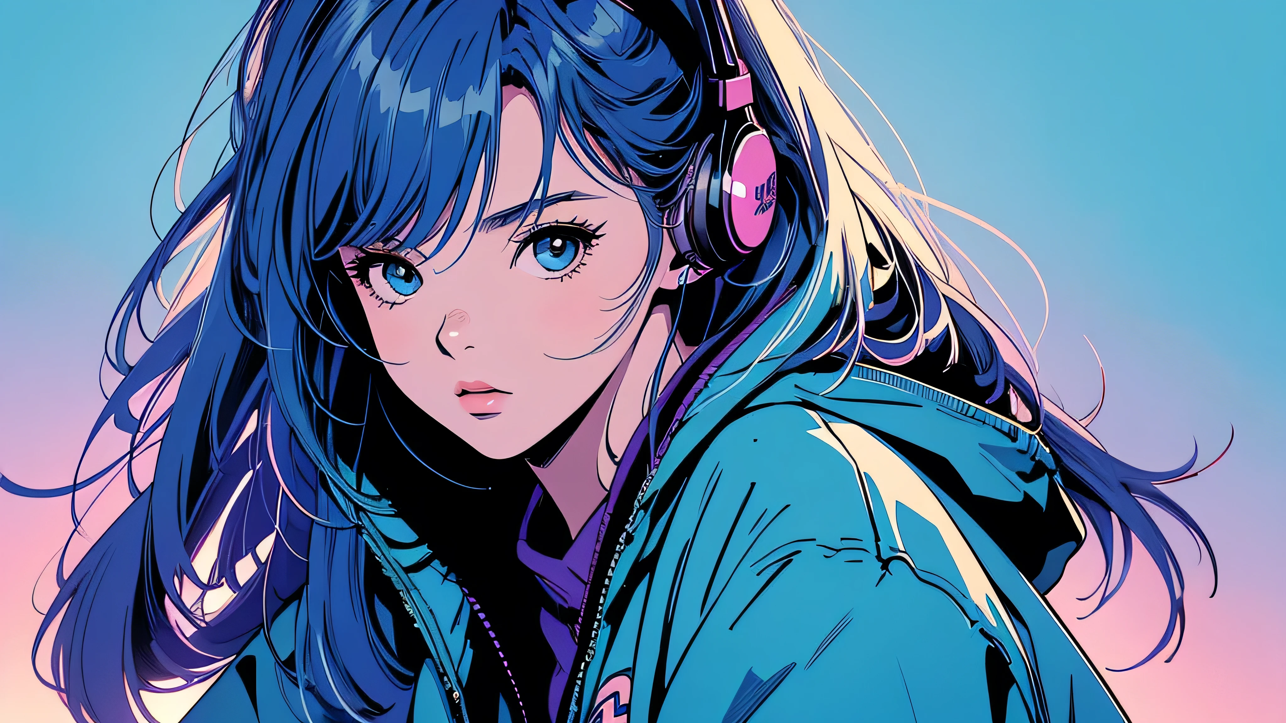 2D illustration, アニメ, Manga style, whole body,ASİAN, Bishamon from noragami, 1 Girl, Big Hair, Shortcuts, {{full name eyes}}, create, High resolution, masterpiece, Highest quality, High detail, High detailed eyes, Grain Filter, Detailed Lips, High resolution, Super detailed, Portraiture, Realistic ratio, Anatomically correct, Beautiful young woman, whole bodyポートレート, Illustrator, アニメ , Realistic ,sketch , 1 Girl, ,Lip, hoodie,Order, Blue gradient background, Neon Hair,Textured Trim, (masterpiece,Highest quality), lofi, Battle DJ girl in HIPHOP fashion wearing DJ headphones