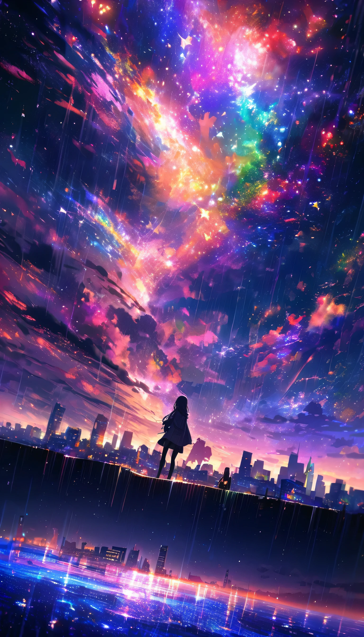 Angelic, detailed woman, Midnight, nebula, After the Rain, Starry Night, horizon, In the sky, city , colorful, High resolution, 8K