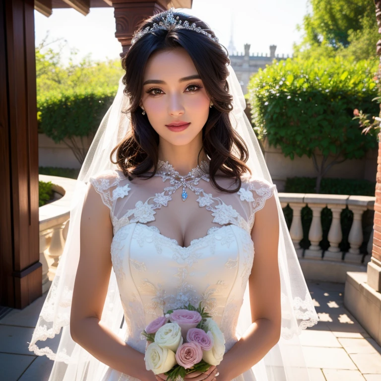 a beautiful young woman in a wedding dress, detailed face, alluring eyes, full lips, large bust, wedding ceremony, outdoor date setting, soft lighting, warm colors, photorealistic, 8k, cinematic, beautiful detailed eyes, beautiful detailed lips, extremely detailed face and eyes, long eyelashes, intricate clothing textures, elegant posing, warm smile, romantic atmosphere