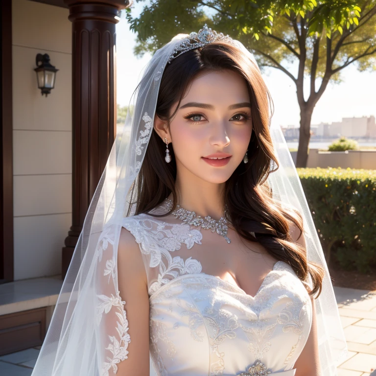 a beautiful young woman in a wedding dress, detailed face, alluring eyes, full lips, large bust, wedding ceremony, outdoor date setting, soft lighting, warm colors, photorealistic, 8k, cinematic, beautiful detailed eyes, beautiful detailed lips, extremely detailed face and eyes, long eyelashes, intricate clothing textures, elegant posing, warm smile, romantic atmosphere