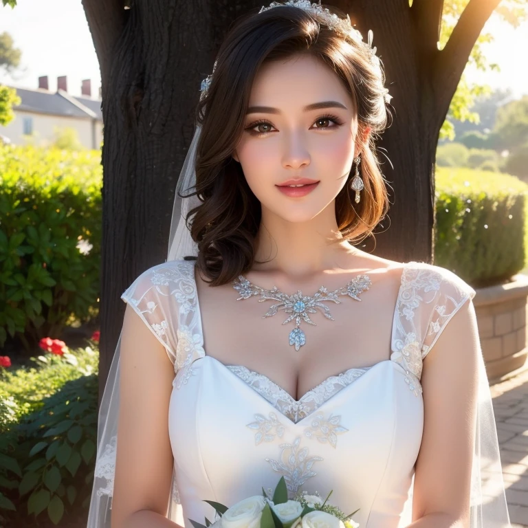 a beautiful young woman in a wedding dress, detailed face, alluring eyes, full lips, large bust, wedding ceremony, outdoor date setting, soft lighting, warm colors, photorealistic, 8k, cinematic, beautiful detailed eyes, beautiful detailed lips, extremely detailed face and eyes, long eyelashes, intricate clothing textures, elegant posing, warm smile, romantic atmosphere