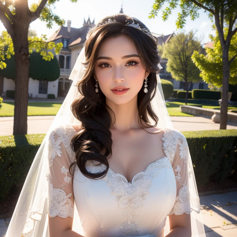 a beautiful young woman in a wedding dress, detailed face, alluring eyes, full lips, large bust, wedding ceremony, outdoor date setting, soft lighting, warm colors, photorealistic, 8k, cinematic, beautiful detailed eyes, beautiful detailed lips, extremely detailed face and eyes, long eyelashes, intricate clothing textures, elegant posing, warm smile, romantic atmosphere