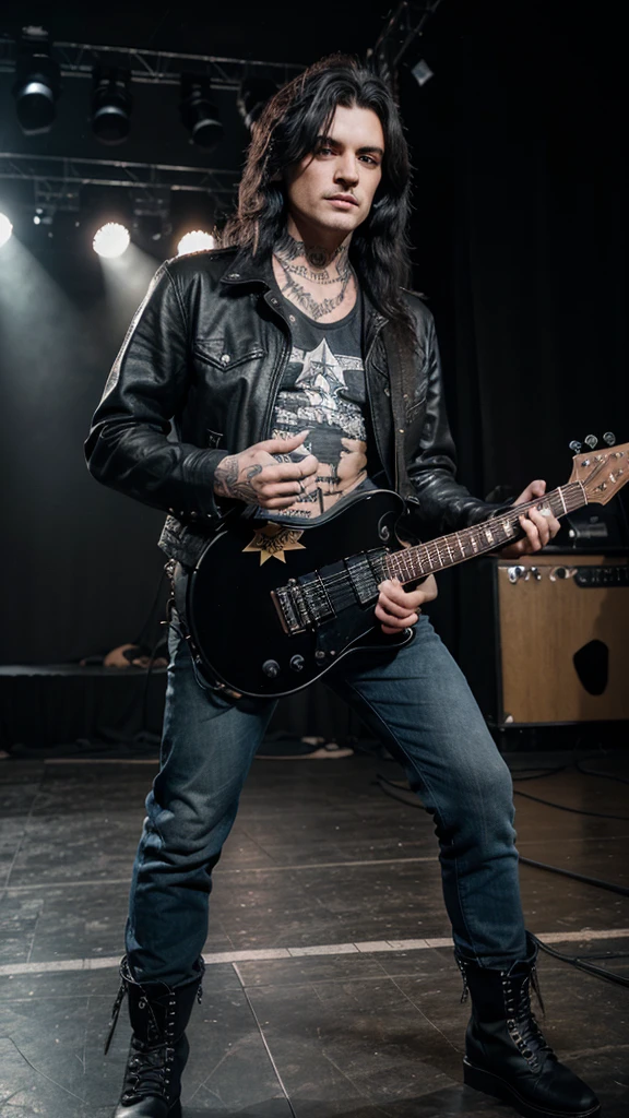 Perfect eyes and face, realistic men, rock stars from 80s era, full body tattos, wavy black hair, on stage, playing guitar, old rockstar jacket, long trousers, rockstars boots, old tone color effect, 4k, dynamic angle,