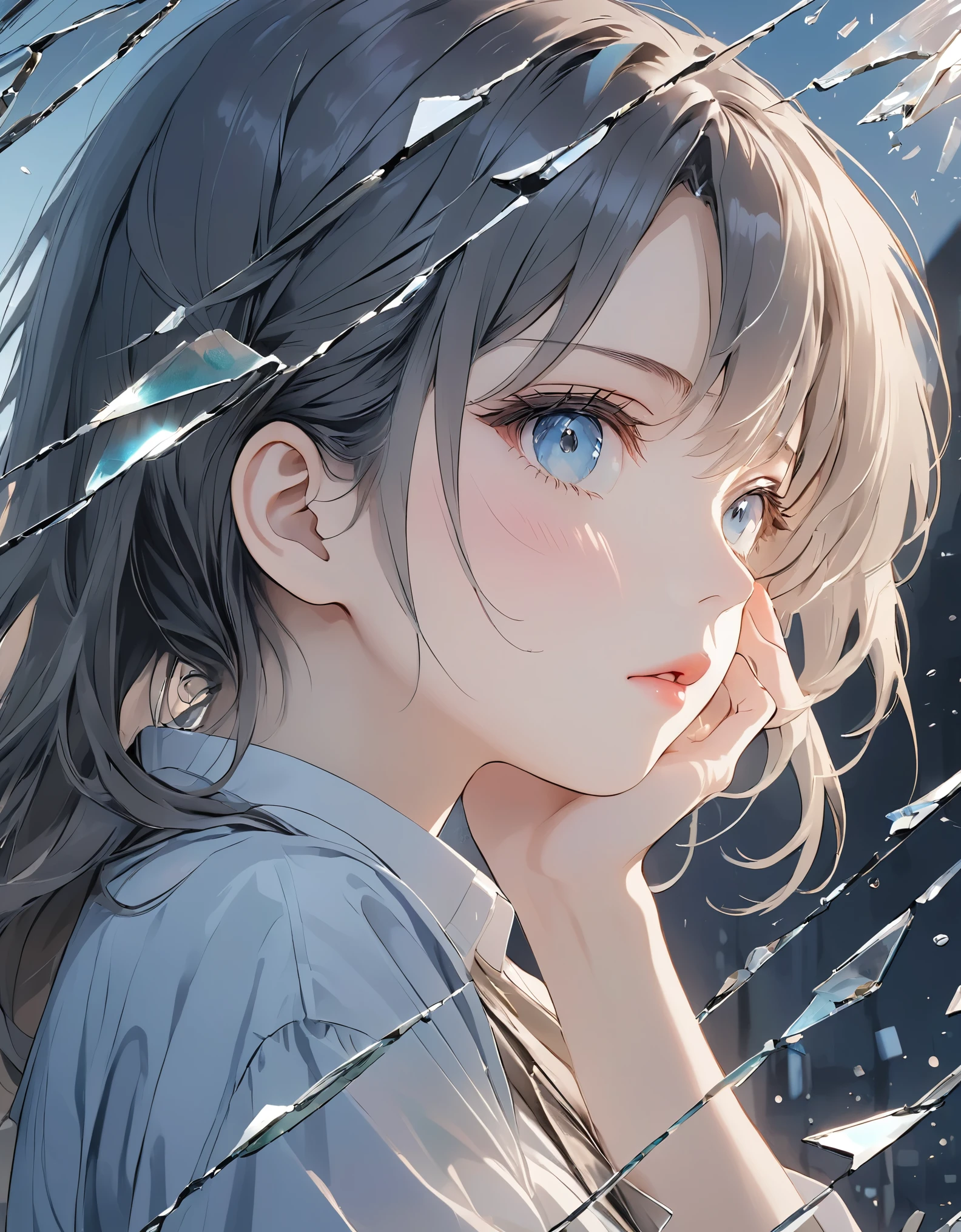 (anime style:1.4),超High resolution, Attention to detail, high quality, High resolution, 最high quality, 4K, 8K,posters、artwork、Works by famous artists、Stylish and cool piece、Girl reflected in broken glass、Picture from the front、face、Put your right hand on your cheek、Sad expression、Semi-long hair