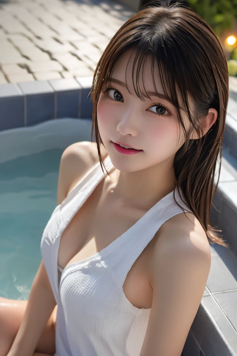 Highest quality, (beautiful)、Soak in a large open-air bath、Cover yourself with a bath towel、Close-up、Soft 、night、Embarrassed、Bare shoulders、Outdoor、steam、Shoot from above、Selfie、Plenty of hot water