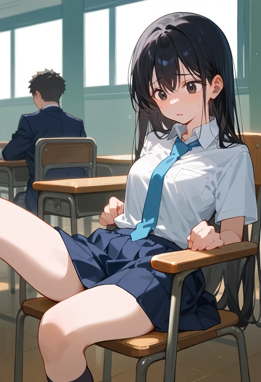 Hoshino Ichika,Project Sekai,project sekai,One girl,feel ashamed,high school girl,Blue-black hair,black eye,beautiful girl,long hair,School,White shirt,Blue tie,skirt,Sitting in a chair,Watching the audience,Spread your legs,Show your pants,nsfw,