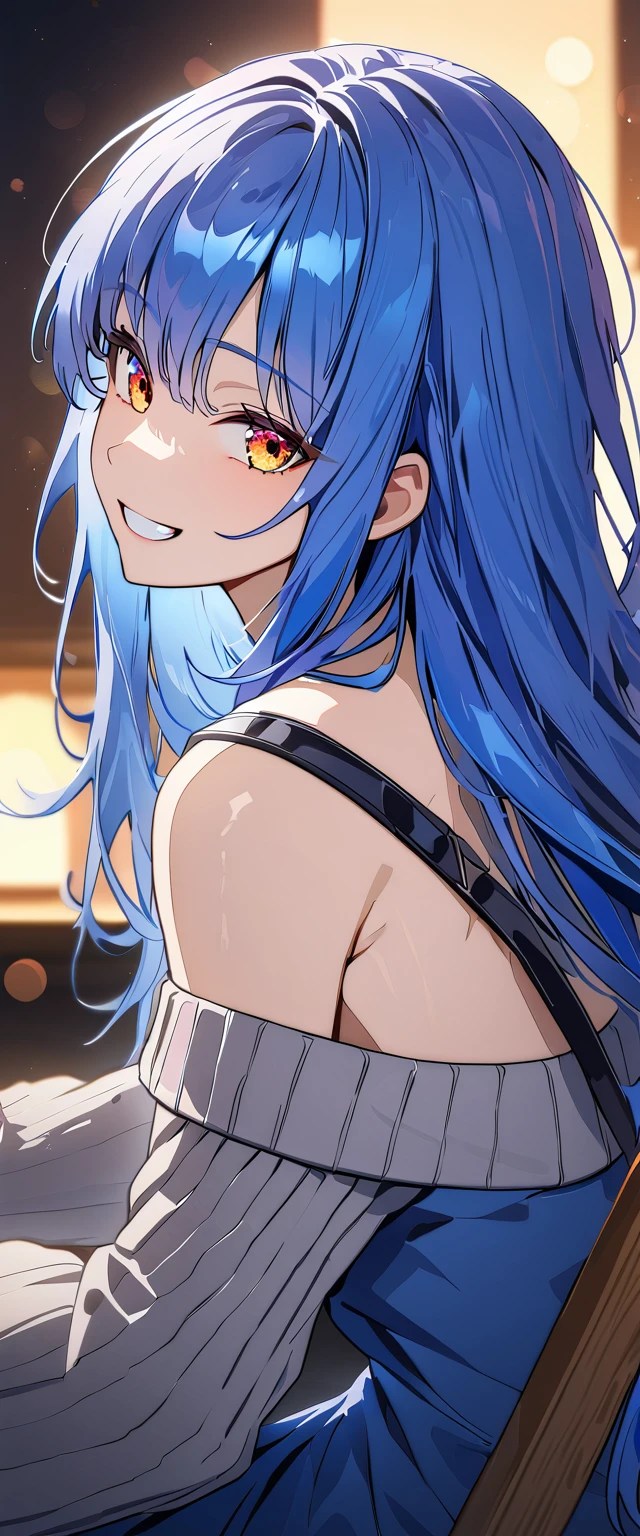 ultra detailed, sharp focus, best quality, masterpiece, colorful, 1girl, shadow, red glowing eyes, grin, wolf face, ((grin)), ((off-shoulder sweater:1.3, Quite thick shoulder straps)), ((blue thin dress.)), ((long hair)), (((from side))), ((((upper body)))), ((Leaning to side)), countless stars twinkling in the clear air))), ((sitting on the very high cliff)), ((sea)), breasts, ager, (looking at viewer), puffy long sleeves, collarbone, head tilt:1.3, (((red eyes))), happy smile, (((anime style))), (best quality, 4K, 8K, highres, masterpiece:1.2, ultra-detailed, ultra-detailed eyes, HDR, uhd, studio lighting, ultra-fine painting, sharp focus, physically-based rendering, extreme detail description, professional, vivid colors, bokeh)