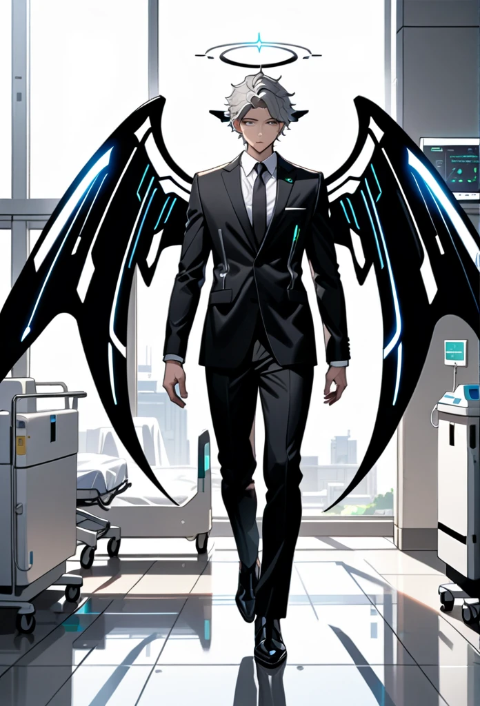 masterpiece, highest quality, highest resolution, clear_image, detailed details, gray hair, 1 boy, futuristic wings, futuristic halo, black suit, full body, no water marks, hospital, no extra limps, no extra body