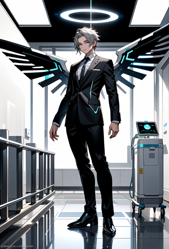 masterpiece, highest quality, highest resolution, clear_image, detailed details, gray hair, 1 boy, futuristic wings, futuristic halo, black suit, full body, no water marks, hospital, no extra limps, no extra body