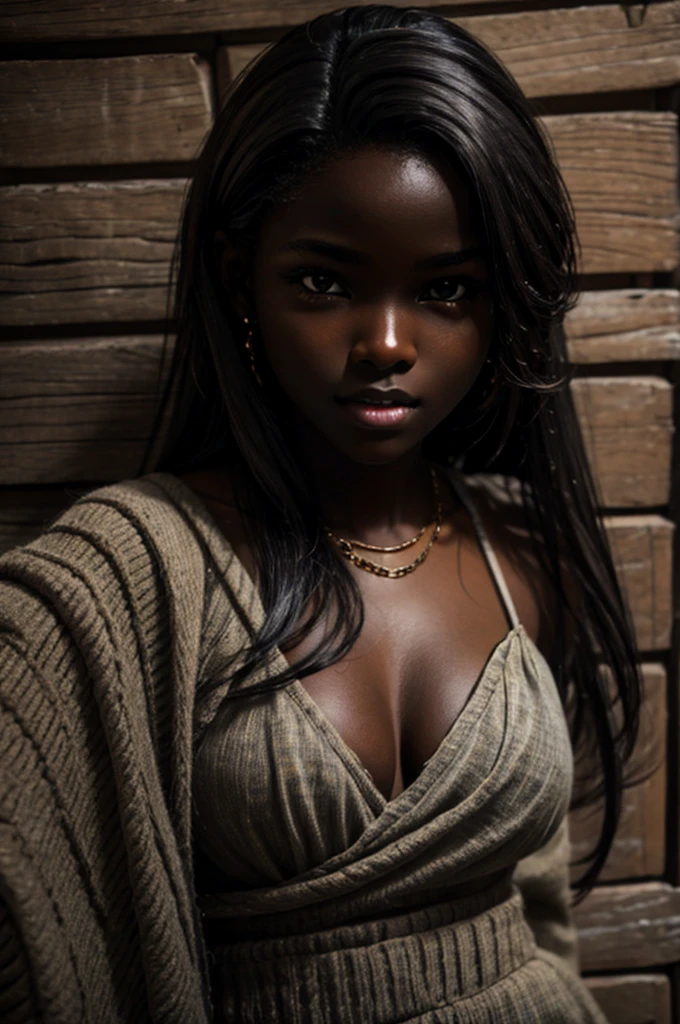 cute, Dark skin, teenager, beautiful face, deep ebony, showing breasts, SFW