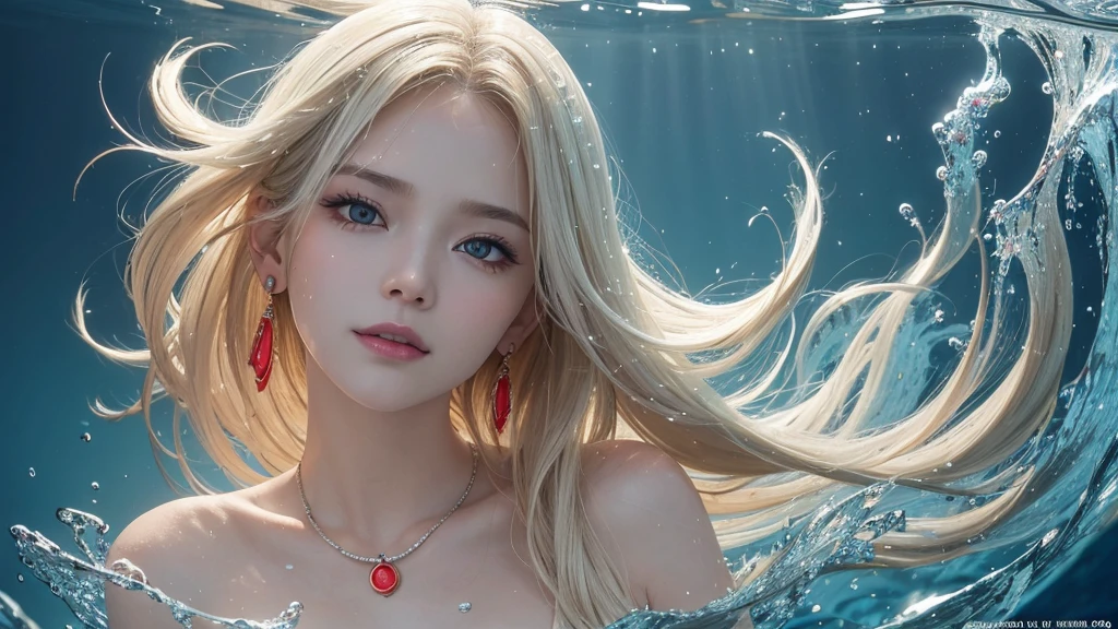(Highest Quality Realistic Textured Skin),(terrible),(OK, round, Symmetrical eyes),Delicate facial features,(Burning bright cold eyes),(She has a mischievous smile),(Her face is kind and beautiful),Glass earrings in the ears,,(blonde),(Silvery white hair),(Chestnut Hair),(Swim at the bottom of the ocean),(Full body portrait:1.5),(Dramatic Photos:1.4),(Dramatic Pose),(Flashy photos)(look up),(Looking down),(Around her neck is a simple necklace made with exquisite craftsmanship.),Cluttered photos,(Hair flowing in water:1.5),(Underwater, Life at sea, 美しいCoral Reef, fish),(Background vortices and currents),(Dramatic Light),(Nice views),(美しいfishに囲まれて),遠くの背景にはCoral Reefに沈んだ寺院が見える,Coral Reef,Spectacular realism,Cinematic atmosphere,(High-density image review:1.5),(Soft colors:1.2),Very detailed,Dramatic Light,(Intricate details:1.1),Complex background,