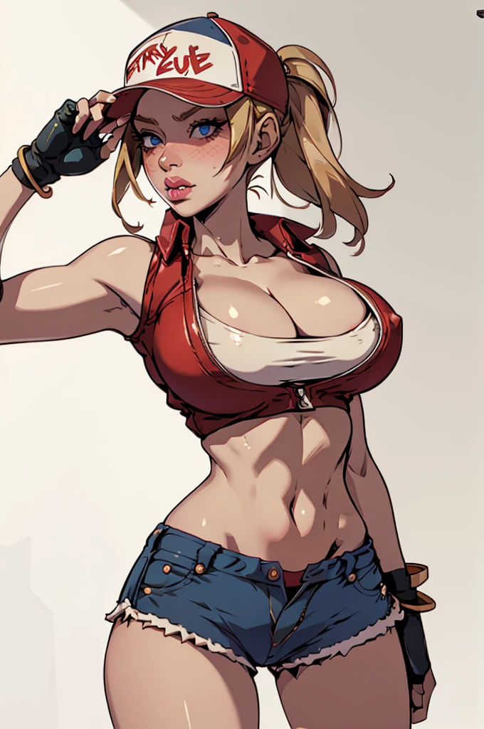 photography, bokeh, highres, ultra detailed, intricate details, absurdres, masterpiece, BREAK
1girl, beautifully detailed woman, beautifully detailed mouth, extremely detailed eyes and face, beautiful detailed eyes, matte eyeshadow, eyelashes, eyeliner, ultra glossy lipstick, (pouty lips:1.3), makeup, blush, BREAK
detailed background, BREAK
terry bogard girl, blonde hair, ponytail, blue eyes, long hair, baseball cap, fingerless gloves, denim shorts, sexy pose, cowboy shot, BREAK, huge breasts