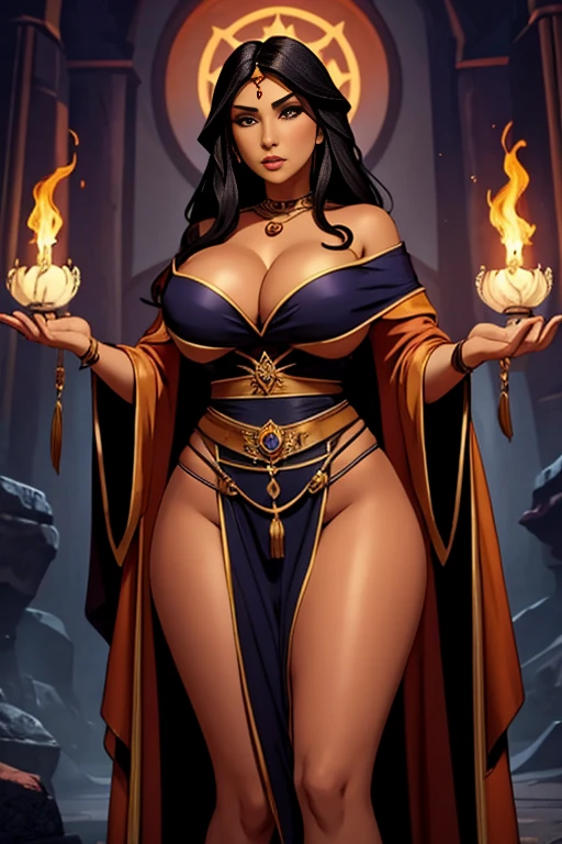 rubenesque sorceress wearing a revealing robe, witch, large breasts, cleavage, wide hips, long black hair, bronze skin, shaman, bottomheavy