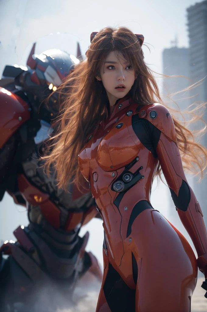 (best quality, masterpiece:1.4), (realism:1.2), (Realism:1.2), (absurd:1.2), (realistic:1.3), 1 woman,realistic skin,alone,( very big eyes,beautiful detailed eyes, symmetrical eyes),cowboy shot, (dramatic, gritty, extreme:1.4), Asuka Langley Soryu,HDR,DTM, Full haha, In mecha anime style, A long dancing sword charging towards the battlefield like a god., a meteor exploded, Fierce fight for life, dynamic pose, Amazing colors, surrealism, cinematic lighting effects, realism, 00 renderer, very realistic,  super view, super wide angle,