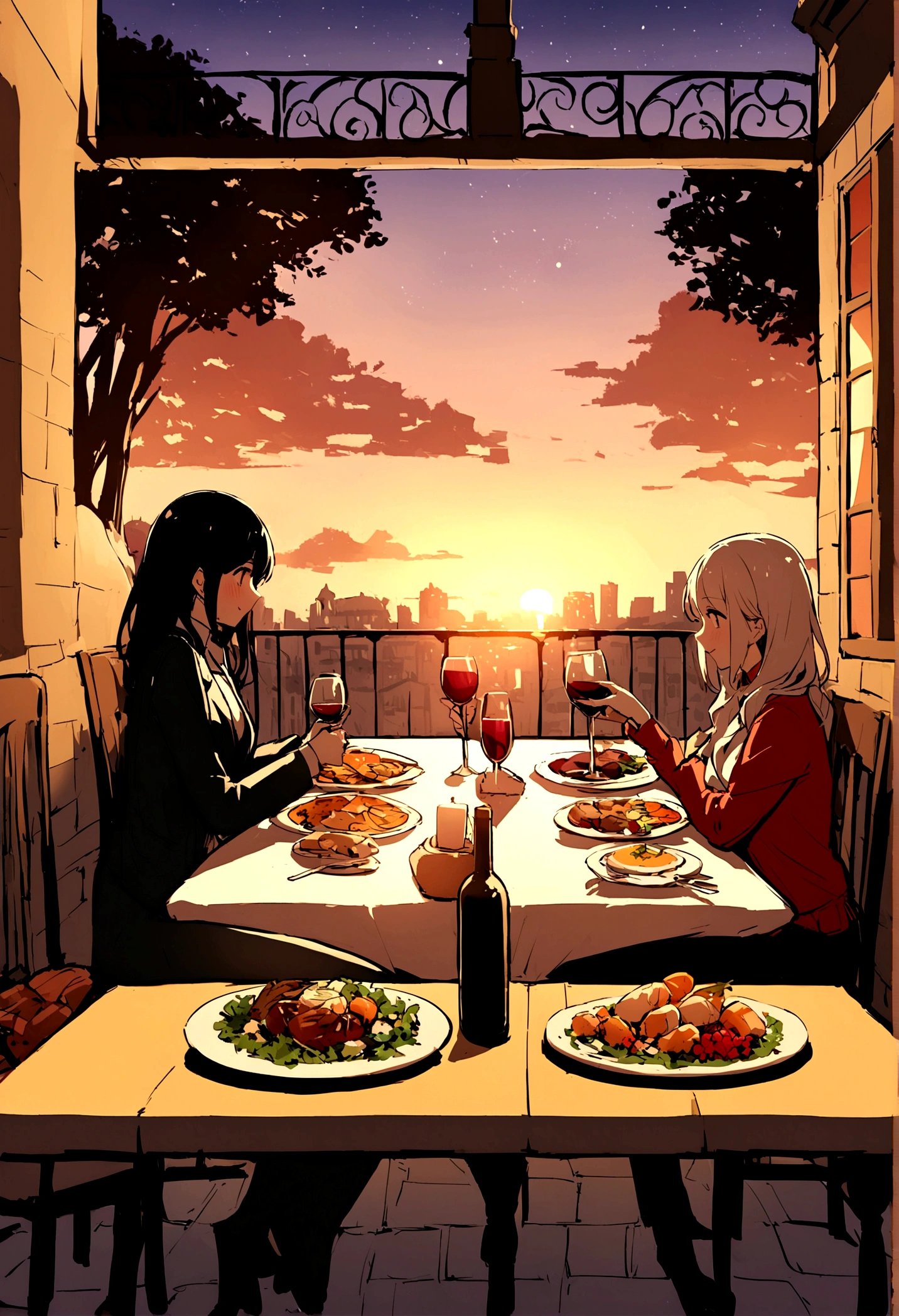 Generate beautiful images to represent the dating scene of the dating app。On the café terrace at sunset、The hero and the other person in a romantic atmosphere、Draw a scene of a conversation by candlelight。Stylish food and wine are arranged on the table。