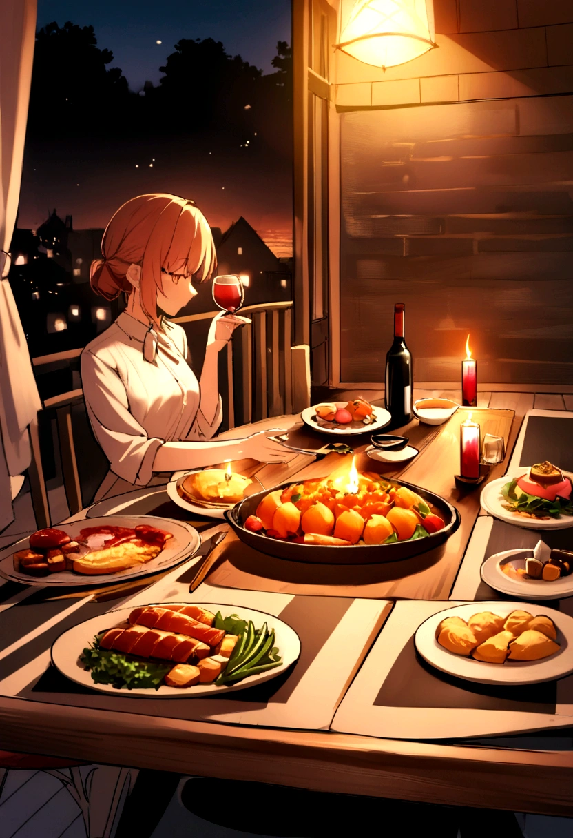 Generate beautiful images to represent the dating scene of the dating app。On the café terrace at sunset、The hero and the other person in a romantic atmosphere、Draw a scene of a conversation by candlelight。Stylish food and wine are arranged on the table。