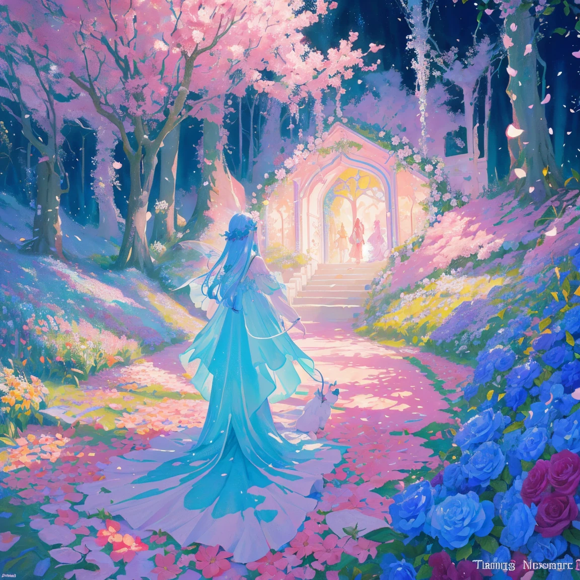 florals ,Colorful flowers ,background are the flowers,Surrounded by flowers,Seamless design,Fantasy Forest, neonlight, Realistic, Glow,Manhwa Style, Paint with vivid watercolors ,extremely detaile, highly detailed, tmasterpiece, Fairy tale background, in wonderland, Dynamic colors, Fairytale glow,