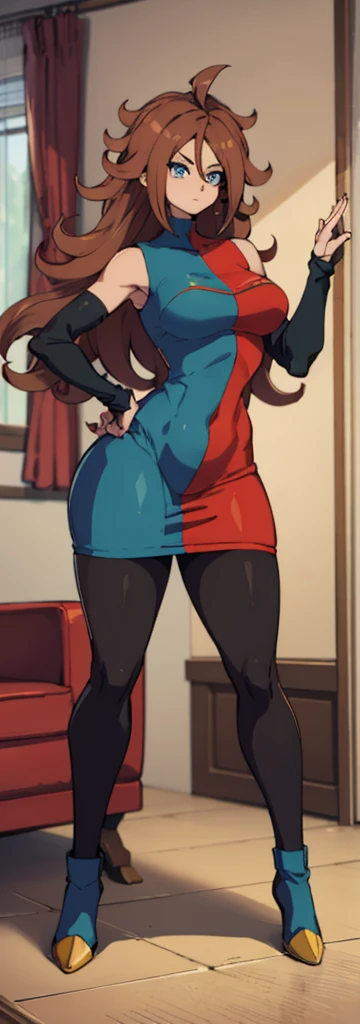 android 21, pose lateral, She is sideways to the spectator, sideways to camera, long brown hair, blue colored eyes, plaid dress, pantyhose, looking to the side, pose lateral, standing, ele está standing, serious, livingroom, light bulb, high qualiy, work of art, legs thick, big-ass, body healed,