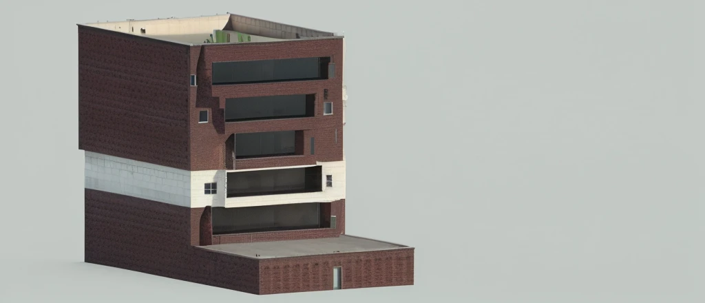 a rendering of a tall brick building with a door and windows, 3d rendered model, rendered 3d model, 3 d rendering, 3d rendering, 3 d renders, orthographic 3d rendering, architecture render, realistic building, 3 - d render, an extremely detailed building, full building, building facing, 3d final render, complex 3d render