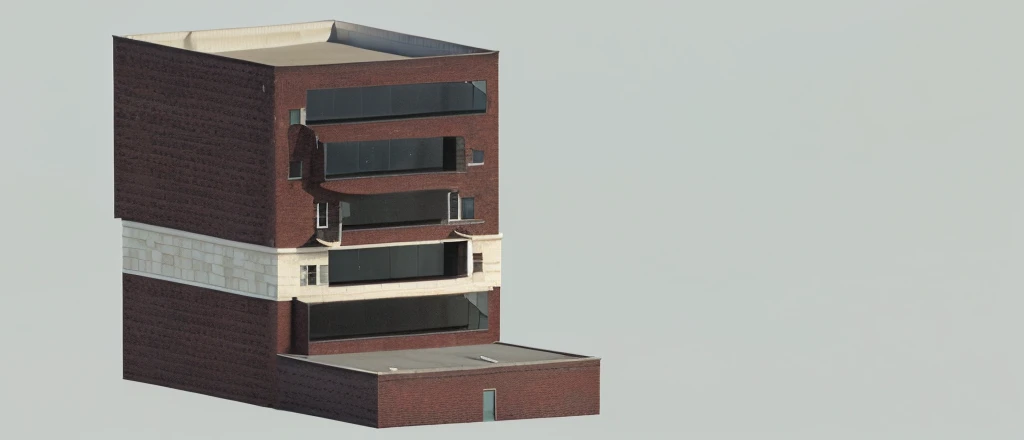 a rendering of a tall brick building with a door and windows, 3d rendered model, rendered 3d model, 3 d rendering, 3d rendering, 3 d renders, orthographic 3d rendering, architecture render, realistic building, 3 - d render, an extremely detailed building, full building, building facing, 3d final render, complex 3d render